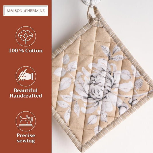 Maison d' Hermine Pot Holders 100% Cotton Potholders (8" x 8", Pack of 2) | Heat Resistant Hot Pads with Loop BBQ Cooking Baking Hotel Kitchen Handling Hot Pans Thanksgiving Christmas - Pretty Autumn