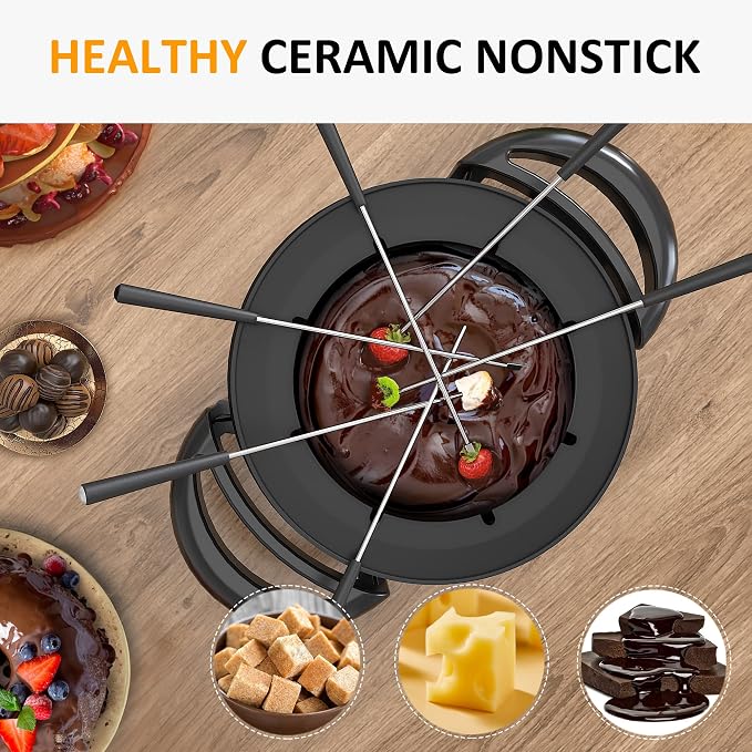 Sunvivi 3 Quarts Electric Fondue Pot Set for Cheese & Chocolate,Temperature Control, 8-Color Coded Forks, for Cheese, Chocolate, Hot Oil, Broth