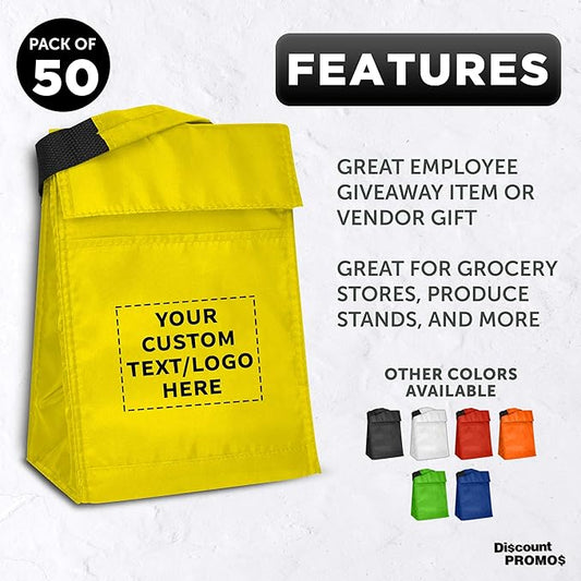 DISCOUNT PROMOS 50 Hook and Loop Insulated Lunch Bags Set - Customizable Text, Logo - Polyester, Durable, Vibrant, Reusable - Yellow
