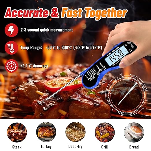 Meat Thermometer, IP67 Waterproof Digital Meat Thermometer with Backlight, Hold Function & Magnet for Grill, BBQ, Candy, Beef,Turkey,Gadgets Essentials BBQ Accessories,Mens Stocking Stuffers