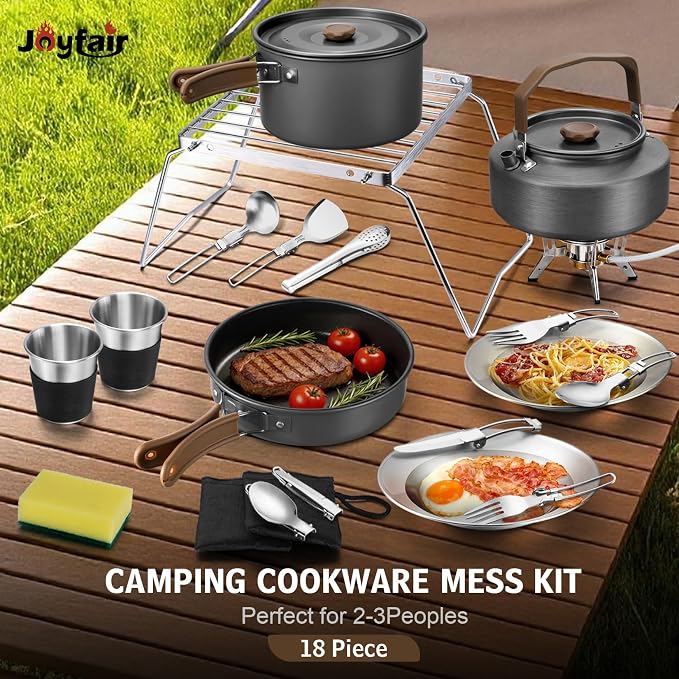18Pcs Camping Cookware Cooking Set, Joyfair Camp Mess Kit with Utensils | Nonstick Pan,Pot,Kettle,Grill Grate, Outdoor Portable Backpacking Gear Openfire Accessories Essentials, Compact&Lightweight