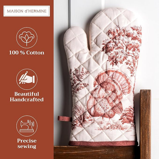 Maison d'Hermine Oven Gloves 100% Cotton Oven Mitt (7" x 13", Pack of 1) | With Loop Heat Resistant BBQ Cooking Gloves Baking Kitchen Handling Hot Pans Thanksgiving Christmas - Holy Jouy - Brown