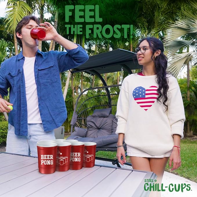Steel Chill Cups 16 oz. Durable & Reusable Party Cups, Beer Pong, 12 Count | Made in USA from Steel these durable cups chill fast & keep your drink cold for longer, 100% recyclable for sustainablity