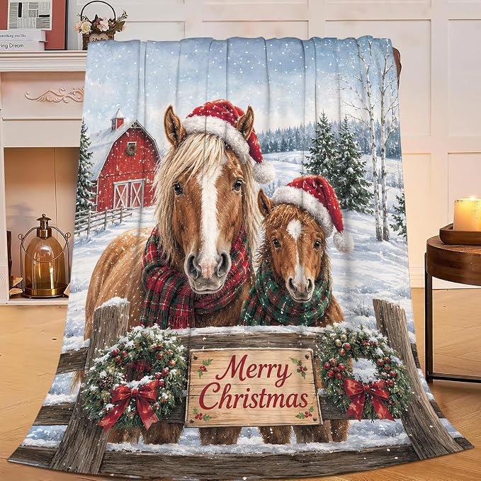 Yibuda Christmas Horse Throw Blanket Gift for Girl 80"X60" | Soft flannel throw blanket for couch, bed & travel, ideal for adults, kids & pet lovers, perfect cozy home decor gift.