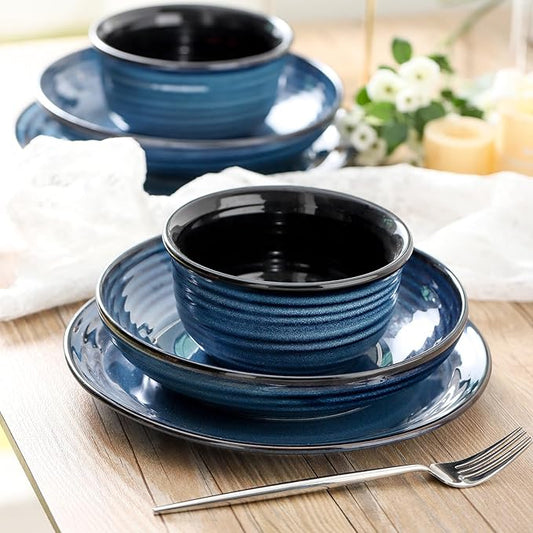 Hasense Ceramic Plates and Bowls Dishes Set, 12 Pieces Handmade Reactive Glaze Dinnerware Set of 4 (Plates, Pasta bowls, Cereal Bowls), Chip and Scratch Resistant Dinner Dishes Service, Blue