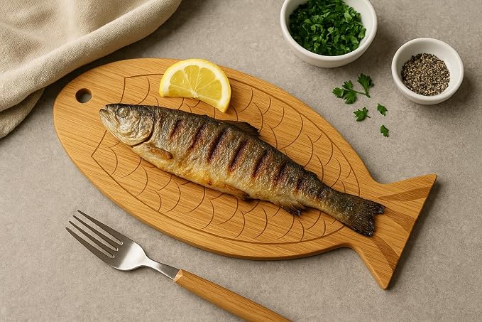 JB Home Collection, Fish Shaped Bamboo Cutting Board 13"x5.5", Premium Wood Serving Board for Fish, Appetizers, Sushi, Cheese, or Charcuterie