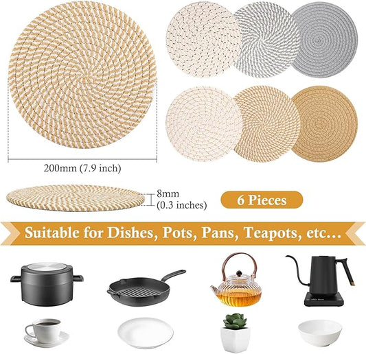 Billbotk 8" Trivets for Hot Dishes, Hot pots and Pans, 6 Heat Resistant Hot Pads, Pot Holders for Kitchen, Hot Plate Mats for Table, Kitchen Decor for Counter, Home Essentials, Farmhouse(Boho)
