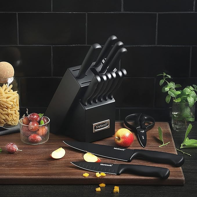 McCook® Knife Sets,German Stainless Steel Knife Block Sets with Built-in Sharpener, Black