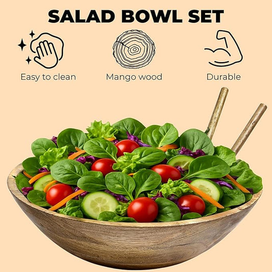 Large Wooden Salad Bowl Set - 1/2" Thick Mango Wood Serving Bowl with Utensils, Rustic Wooden Mixing Bowls, Decorative Kitchen Dinnerware for Popcorn, Pasta, & Chips, Dishes - 12 Inch