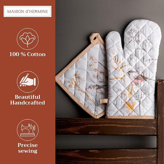 Maison d' Hermine 100% Cotton Oven Mitt & Pot Holder Set (7.5"x13" & 8"x8") | Heat Resistant BBQ Cooking Gloves with Loop Baking Grilling Kitchen Home Farmhouse Spring Summer - Meadow Florals - Beige
