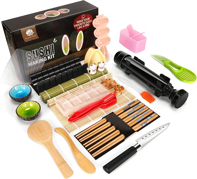 FUNGYAND Sushi Making Kit, 27-in-1 Complete Sushi Set | with Bazooka Roller, Nigiri & Musubi Presses, Bamboo Mats, Knife, Cutting Mold, Ceramic Dishes