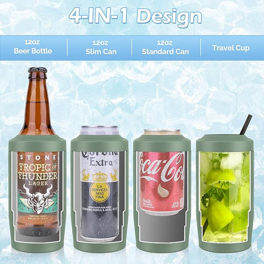 Morefeel 4-in-1 Insulated Can Cooler for 12 oz Cans & Bottles | 304 Stainless Steel Can Holder Fits 12 Oz Slim Cans, Standard Cans, Beer Bottles & Works as A Open Cup; Dishwasher Safe