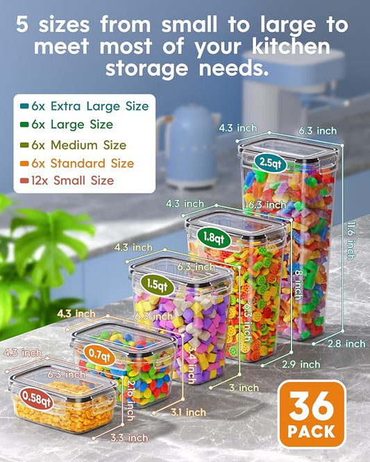 KEMETHY 36 PCS Airtight Food Storage Containers with Lids, Kitchen Pantry Organization and Storage, BPA-Free Plastic Scale Food Canisters for Cereal, Flour, Sugar, Dry Food, Include Labels & Marker