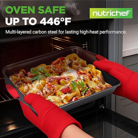 NutriChef 10‑Piece Non‑Stick Bakeware Set – Premium Carbon Steel Baking Pans Set with Silicone Handles – Oven & Dishwasher Safe – Complete Baking Sheet Set for Cookies, Muffins, Loaf, Pizza