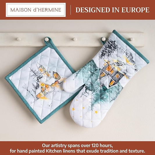 Maison d' Hermine 100% Cotton Oven Mitt & Pot Holder Set (7.5"x13" & 8"x8") | Heat Resistant BBQ Cooking Gloves with Loop Baking Grilling Kitchen Home Farmhouse Thanksgiving Christmas - Neige de Noel