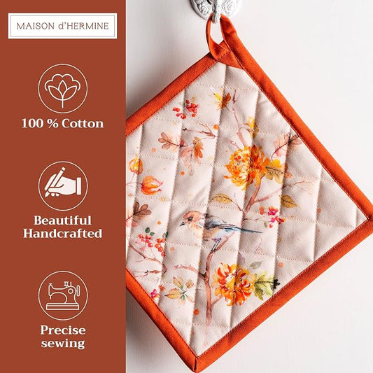 Maison d' Hermine Pot Holders 100% Cotton Potholders (8" x 8", Pack of 2) | Heat Resistant Hot Pads with Loop BBQ Cooking Baking Hotel Kitchen Handling Hot Pans Thanksgiving Christmas - Kelim - Prairie