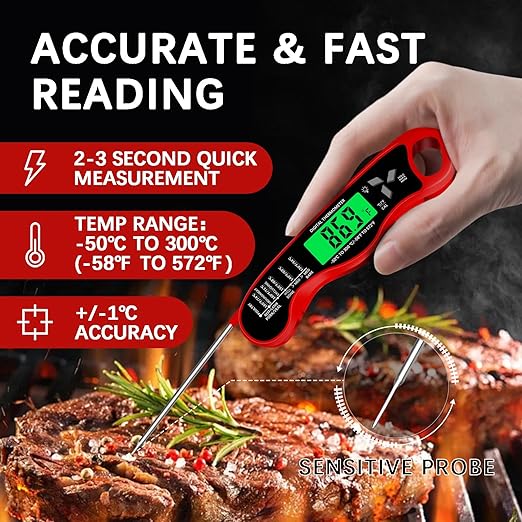 Meat Thermometer Digital,IP67 Waterproof Cooking Thermometer with Backlight, Calibration & Hold Function,Food Thermometer for Cooking,Outdoor Grilling,Suitable as Stocking Stuffers for Men