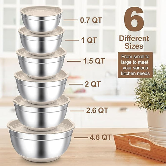 TeamFar Khaki Mixing Bowls, 6-Piece Stainless Steel Nesting Salad Bowls with Lid Set for Prepping Baking, Non-Toxic & Stackable, Air-Tight Lid & Non Slip Bottom, 4.6/2.6/2/1.5/1 / 0.7 QT