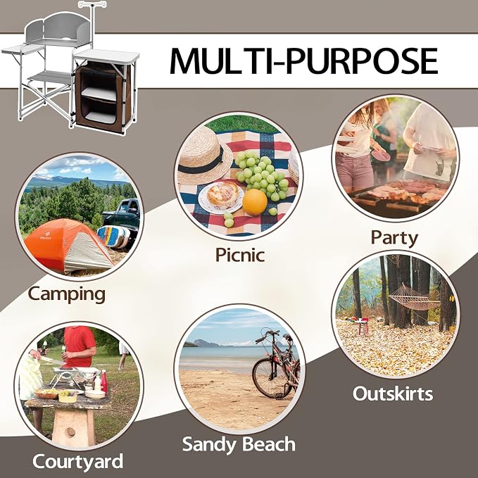 CampLand Folding Camping Kitchen Table with Windscreen,Portable Outdoor Cooking Station with Storage Cabinet & Side Tables Heavy Duty Camp Cook Station for Camping & BBQ(White)