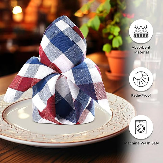 Urban Villa Cotton Dinner Napkins Set of 6, 20x20 Inche Soft Premium Cotton Napkins, Hotel Quality Highly Absorbent, Reusable & Washable Table Dinner Napkins (Red/Blue/White, Buffalo Checks)