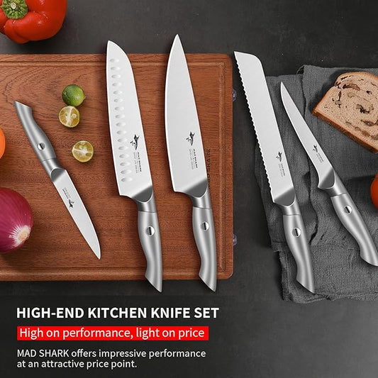 MAD SHARK Kitchen Knife Set, 5PCS Sharp Ultra Chef Knife Set, High Carbon Stainless Steel Knives Set with Ergonomic Handle, Professional Kitchen Knives Sets, Gift Box Packaging