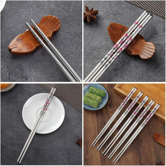 Stainless Steel Chopsticks, Metal Chopsticks, Reusable Non-slip Design Chop Sticks, 5 Pairs Gift Set,Plum Pattern Design