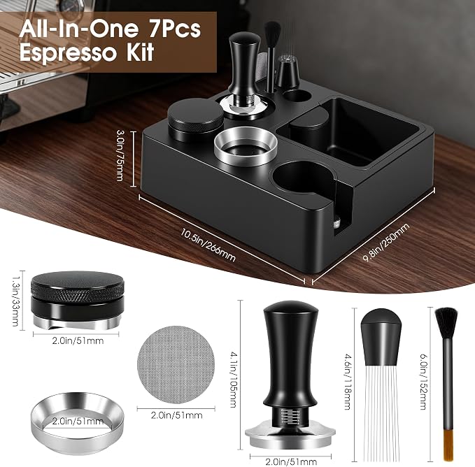 Reoszeank 51mm Espresso Accessories Kit, Espresso Knock Box and Tamping Station, Coffee Tamper, Distributor, WDT Distribution Tool, Dosing Funnel and Puck Screen Set Fits 51 mm Delonghi and CASABREWS