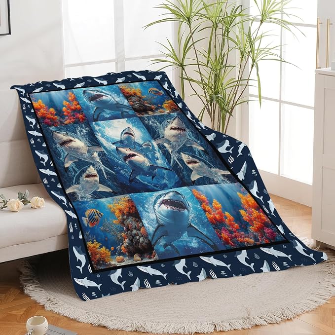 Yibuda Shark Blanket Ocean Underwater Flannel Plush Throw Blanket Cozy Nautical Coral Decor Fleece Stuff Blanket Gifts for Lover Girls Boys Kids Adults Women Bed Travel 50"x60"