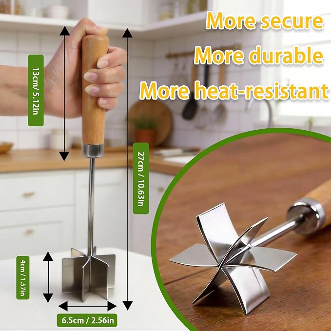 304 Stainless Steel Meat Chopper Meat Masher, 6 Curved Blades 10.5 Inch Ground Beef Chopper Tool, Hamburger Smasher, Potato Masher Durable Multi-Purpose Kitchen Tool Dishwasher Safe