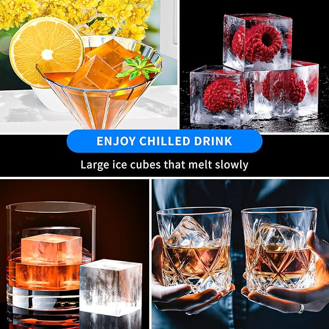 Large Ice Cube Tray for Whiskey, HANCELANT Big Silicone Square Ice Cube Mold with Removable Lid, 2'' Huge Square Ice Cubed Tray for Whisky and Cocktail
