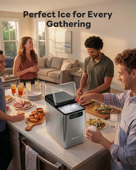 Nugget Ice Maker Countertop, Pellet Ice Machine Soft Chewable Ice 40lbs/Day, One-Click Operation, Auto Self-Cleaning Crushed Ice Makers Stainless with Scoop for Home/Kitchen/Office (Grey)