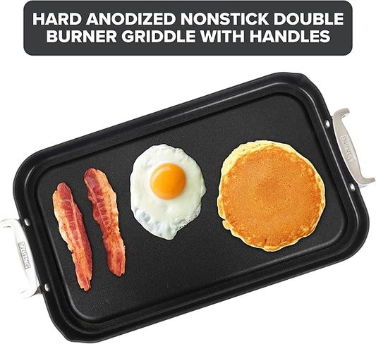 Viking Non Stick Double Burner Griddle, Hard Anodized Nonstick Kitchen Cookware Grill Pan with Handles, Oven Safe, Works on Electronic, Ceramic, and Gas Stove Tops, 19 x 11 Inch