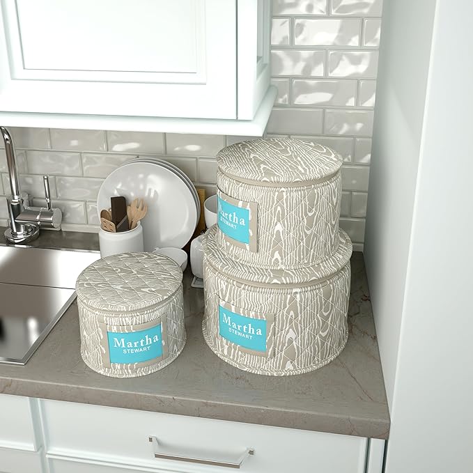 Martha Stewart Dinnerware Stemware Glassware Organizer Home Storage Container Case, 3 Piece Dinnerware Set Organizer For Dessert, Salad and Dinner Plates With Felt Dividers, Skyland Faux Bois