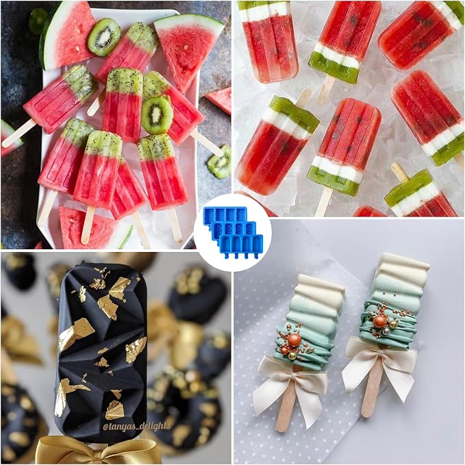 3 Set Popsicle Molds,Cakesicles Silicone Mould,12 Cavities Silicone Ice Cream Molds with Lids and 100 Pieces Wooden Popsicles Sticks and 100 Bags for Making Cakesicles,Cake Pops,Ice Cream(Dlue)