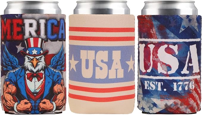 USA Can Cooler - Merica Pride Chill Drink Sleeve 3 Pack - Reusable Beer & Soda Insulators - Insulated Cup Holders - Tailgates BBQs Patriotic Gift