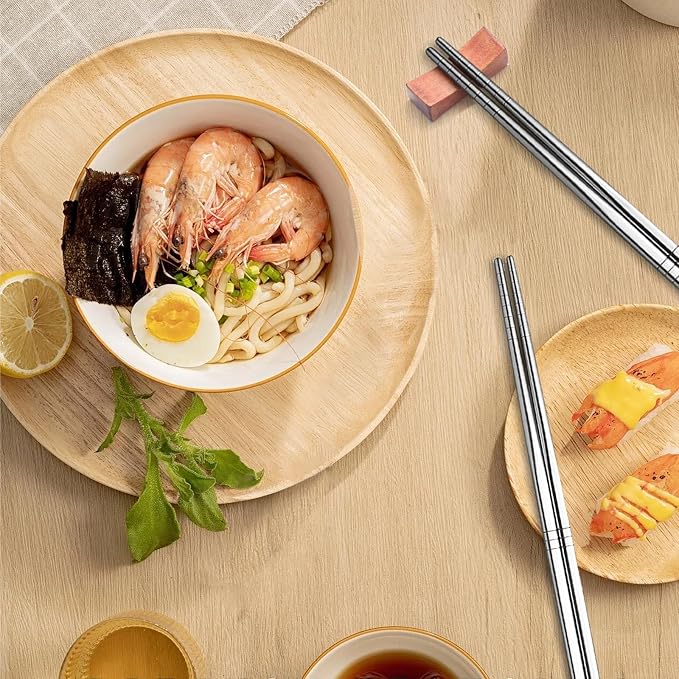 Stainless Steel Chopsticks, 5 Pairs Square Lightweight Non-Slip Korean Chopsticks, 9.5" Chop Sticks Reusable for Home Hotel Restaurant, Dishwasher Safe