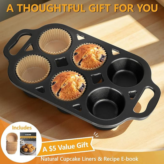 6 Cup Cast Iron Muffin Pan - Pre-Seasoned Nonstick Muffin Tin, Regular Size Cupcake Baking Pan