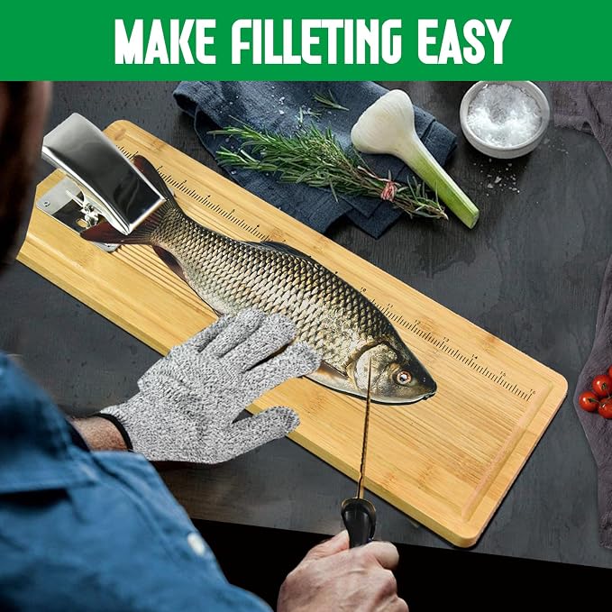 Bamboo Fish Cleaning Board Portable Fish Fillet Boards with Clamp | Fish Cleaning Tools Fishing Measuring Cutting Board Gifts for Fisherman 17.7*6.3 Inch