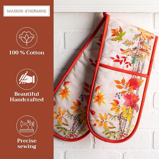 Maison d' Hermine Double Oven Mitts 100% Cotton Double Oven Glove (7"x35") | Heat Resistant BBQ Cooking Gloves with Loop Baking Kitchen Home Hotel Farmhouse Thanksgiving Christmas - Amarante