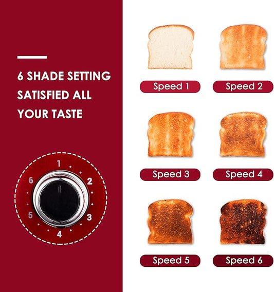 Roter Mond 4 Slice Toaster Retro Stainless Steel with Bagel Defrost Cancel Function, 6 Browning Settings, Extre Wide Slot and Removable Crumb Tray, Red, ST033