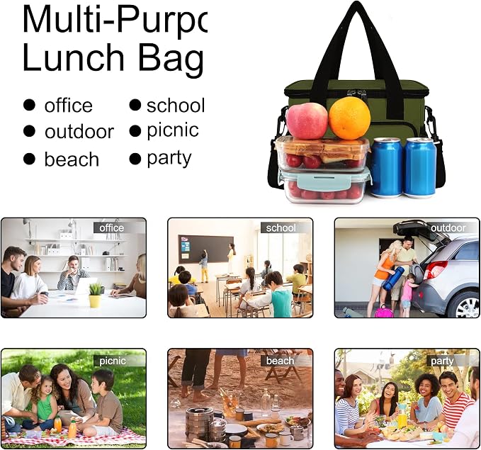 Lunch Bags for Women/Men, Insulated Lunch Bag for Work Office Picnic - Large Lunch Cooler Bag Leakproof Lunch Box with Adjustable Shoulder Strap for Adults - Army Green