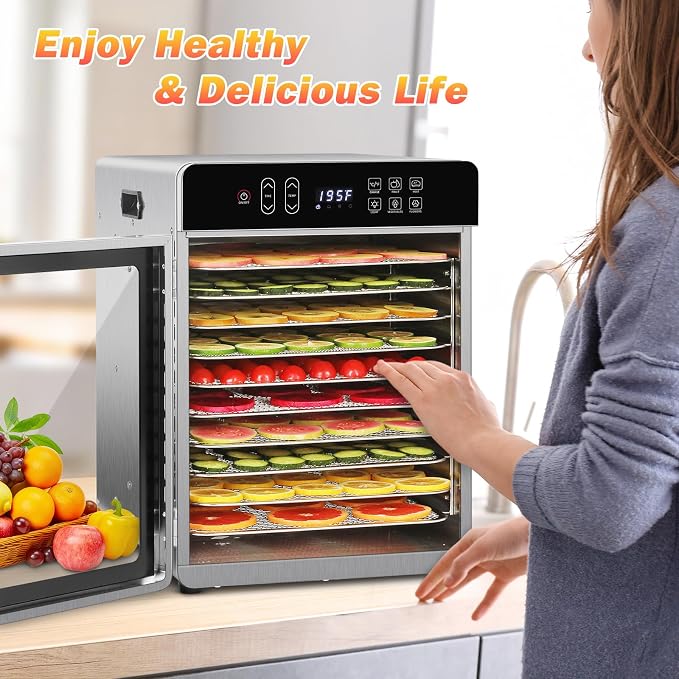 SUCISENI Food Dehydrator for Jerky, 10 Stainless Steel Trays 9ft² Dehydrator Machine, 1000W Dehydrator with 24H Timer 195℉ Temperature Control for Meat, Fruits, Veggies, Dog Treats