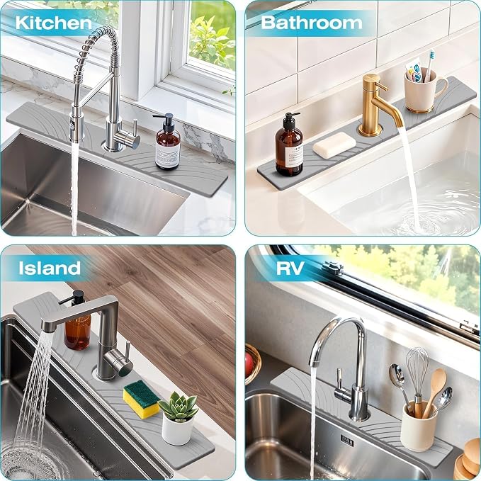 SpaceHacks Stone Faucet Mat for Kitchen Sink - Fast Drying Diatomite Stone Drying Mat, Textured Drainage Sink Protector, Water Splash Guard with Base Pads for Bathroom Counter (23.7x4 in, Light Gray)