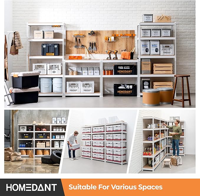 HOMEDANT 5 Tier White Storage Shelves Adjustable Laminated Boltless Garage Metal Shelving Unit Heavy Duty Utility Rack Shelf Warehouse Pantry Closet Kitchen 35.9" W x 16.2" D x 71.3" H White 2Pack