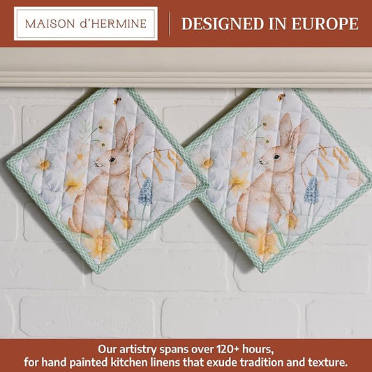 Maison d' Hermine Pot Holders 100% Cotton Potholders (8" x 8", Pack of 2) | Heat Resistant Hot Pads with Loop BBQ Cooking Baking Farmhouse Kitchen Handling Hot Pans Spring Summer - Easter Dew