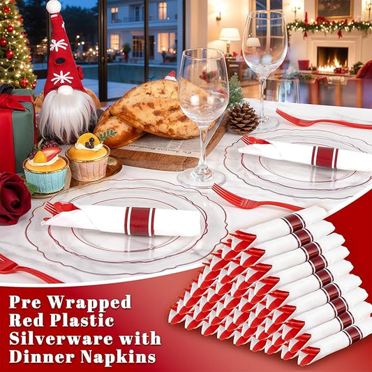 Liacere 400PCS Pre Rolled Red Silverware and Napkin - Disposable Red Plastic Utensils-Wrapped Plastic Cutlery Set with Napkin:100Forks,100Knives,100Spoons,100Napkins for Wedding&Valentine&Christmas