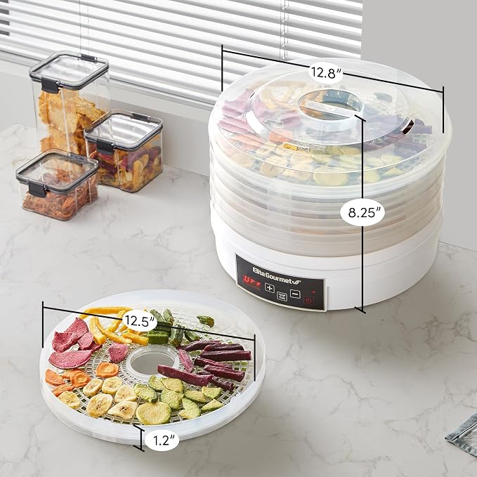 Elite Gourmet EFD770WD Digital Food Dehydrator, 5x12.5" Trays, 48-Hr, White | BPA-free trays - adjustable temp 95-158F - makes jerky, herbs, fruit, veggies & dried snacks - also great for meat
