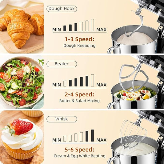 Dough Mixer 8.45 QT Electric Mixer - 660W 6 Speed Large Capacity Kitchen Stand Mixer with Whisk Dough Hook Mixing Beater Household Food Mixer for Baking Cakes Cookie Bread Salad (Black)