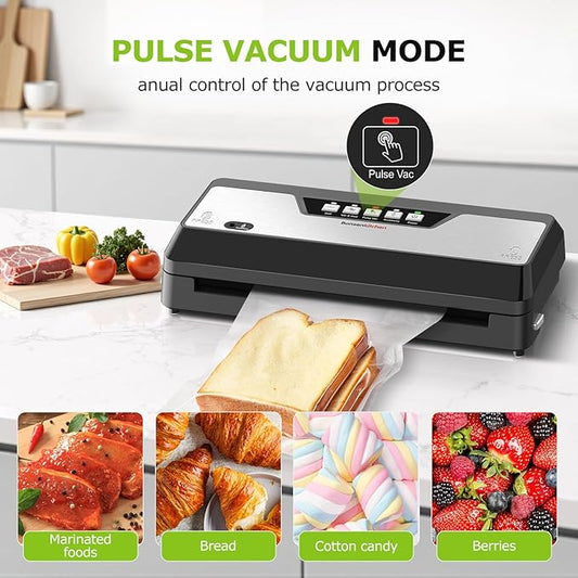 Bonsenkitchen Vacuum Sealer Machine with Built-in Cutter and Bag Storage for Sous Vide and Meal Prep | Compact Food Sealer with Multiple Modes | 1 Roll Bag & 5 Pre-Cut Bags, Black-Stainless Steel