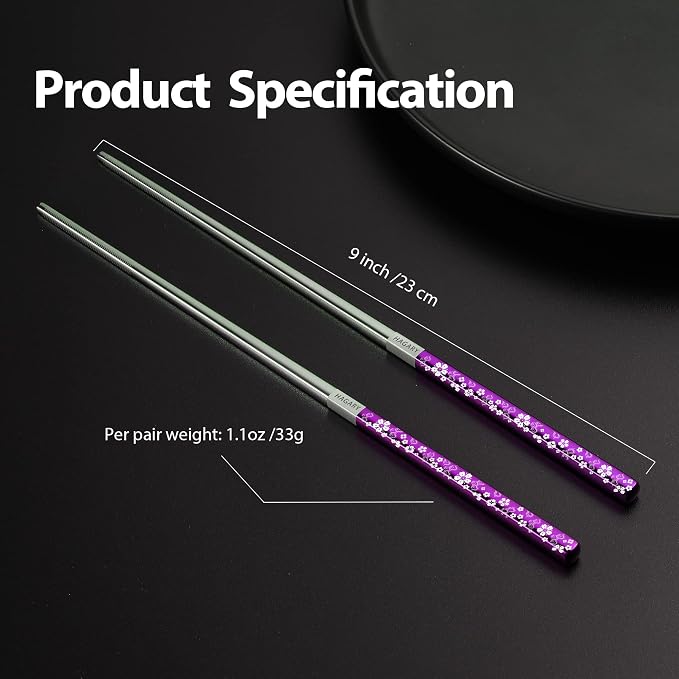 Hagary Cherry Blossom Rainbow Chopsticks Metal Chopsticks Reusable Designed In Korea Japanese Style Stainless Steel 316 18/10 Non-Slip Dishwasher Safe (Purple - 2 pairs)